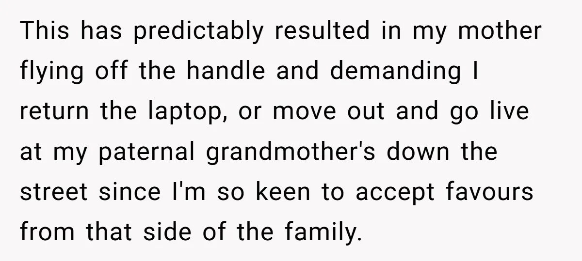 This has predictably resulted in my mother flying off the handle and demanding I return the laptop, or move out and go live at my paternal grandmother's down the street...