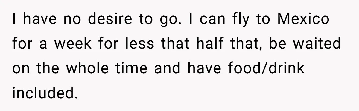 I have no desire to go. I can fly to Mexico for a week for less that half that, be waited on the whole time and have food/drink included.