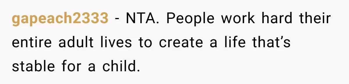 gapeach2333 − NTA. People work hard their entire adult lives to create a life that’s stable for a child.