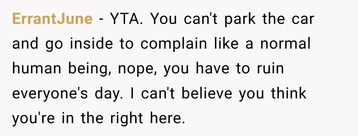 ErrantJune − YTA. You can't park the car and go inside to complain like a normal human being, nope, you have to ruin everyone's day. I can't believe you think...