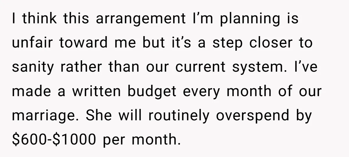 I think this arrangement I’m planning is unfair toward me but it’s a step closer to sanity rather than our current system. I’ve made a written budget every month of...