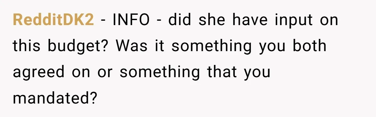 RedditDK2 − INFO - did she have input on this budget? Was it something you both agreed on or something that you mandated?
