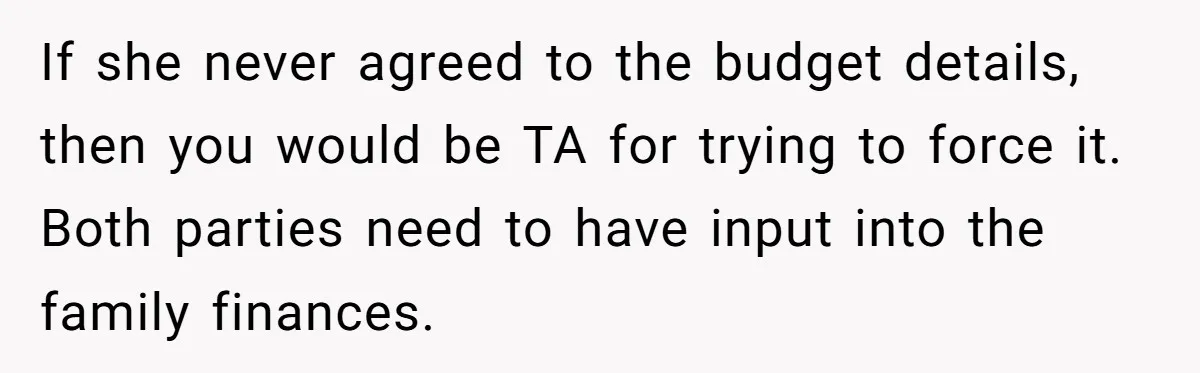 If she never agreed to the budget details, then you would be TA for trying to force it. Both parties need to have input into the family finances.