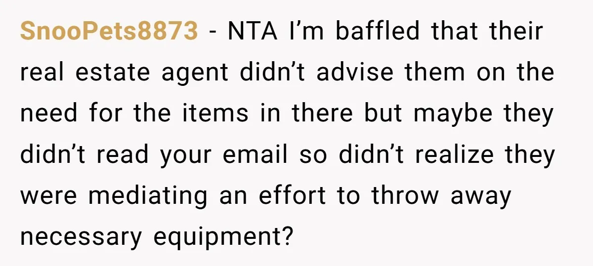 SnooPets8873 − NTA I’m baffled that their real estate agent didn’t advise them on the need for the items in there but maybe they didn’t read your email so didn’t...