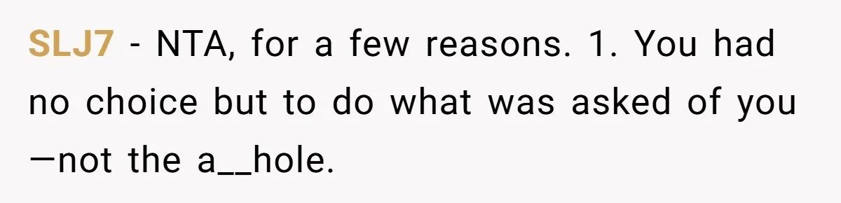 SLJ7 − NTA, for a few reasons. 1. You had no choice but to do what was asked of you—not the a__hole.