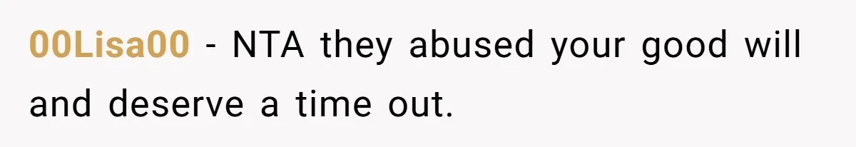 00Lisa00 − NTA they abused your good will and deserve a time out.