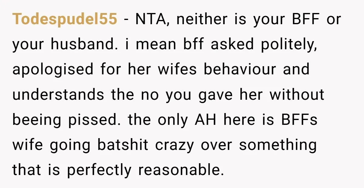 Todespudel55 − NTA, neither is your BFF or your husband. i mean bff asked politely, apologised for her wifes behaviour and understands the no you gave her without beeing pissed....