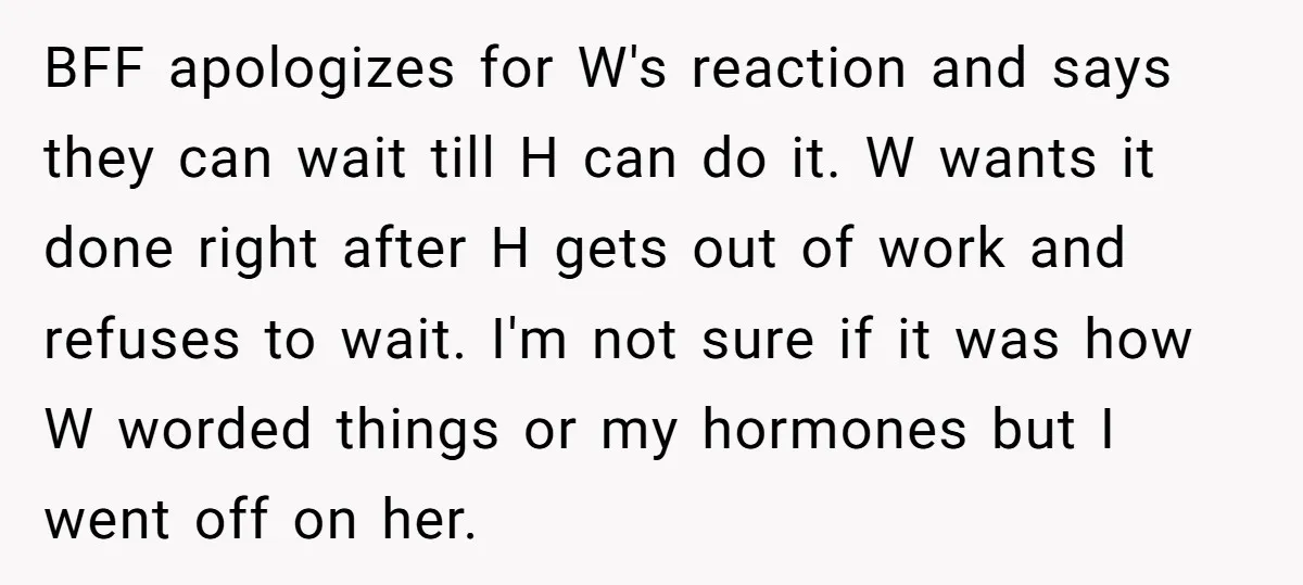 BFF apologizes for W's reaction and says they can wait till H can do it. W wants it done right after H gets out of work and refuses to wait....