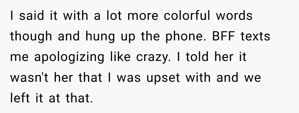 I said it with a lot more colorful words though and hung up the phone. BFF texts me apologizing like crazy. I told her it wasn't her that I was...