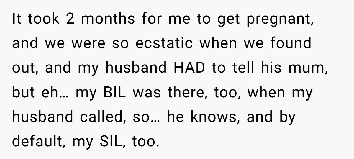 It took 2 months for me to get pregnant, and we were so ecstatic when we found out, and my husband HAD to tell his mum, but eh… my BIL...
