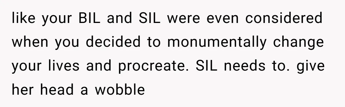 like your BIL and SIL were even considered when you decided to monumentally change your lives and procreate. SIL needs to. give her head a wobble