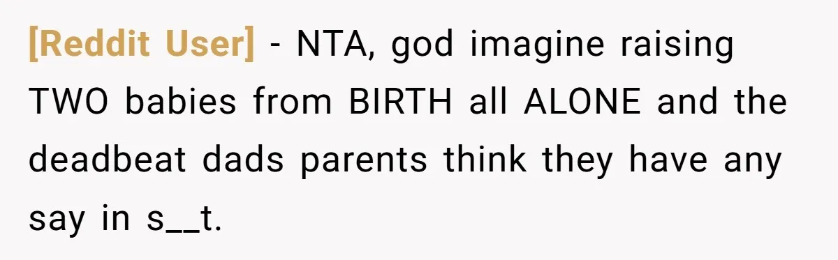 [Reddit User] − NTA, god imagine raising TWO babies from BIRTH all ALONE and the deadbeat dads parents think they have any say in s__t.