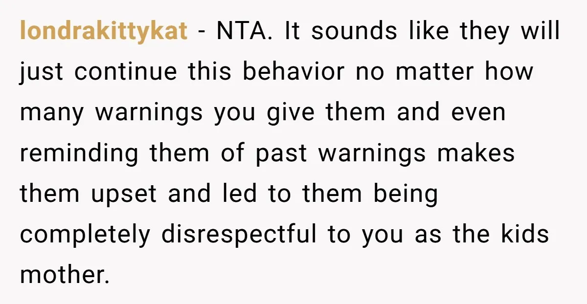londrakittykat − NTA. It sounds like they will just continue this behavior no matter how many warnings you give them and even reminding them of past warnings makes them upset...