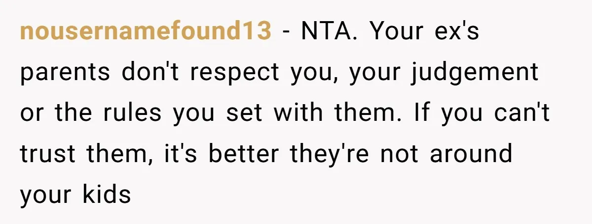nousernamefound13 − NTA. Your ex's parents don't respect you, your judgement or the rules you set with them. If you can't trust them, it's better they're not around your kids