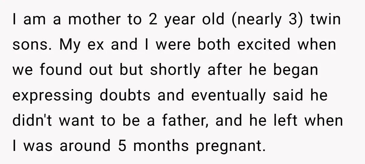 I am a mother to 2 year old (nearly 3) twin sons. My ex and I were both excited when we found out but shortly after he began expressing doubts...