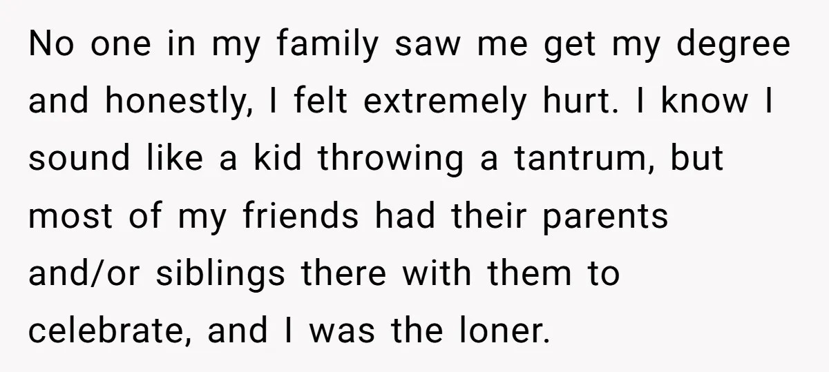 No one in my family saw me get my degree and honestly, I felt extremely hurt. I know I sound like a kid throwing a tantrum, but most of my...