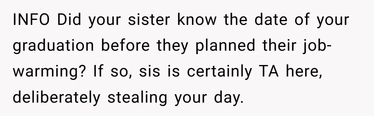 INFO Did your sister know the date of your graduation before they planned their job-warming? If so, sis is certainly TA here, deliberately stealing your day.