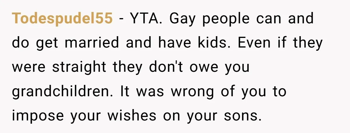 Todespudel55 − YTA. Gay people can and do get married and have kids. Even if they were straight they don't owe you grandchildren. It was wrong of you to impose...