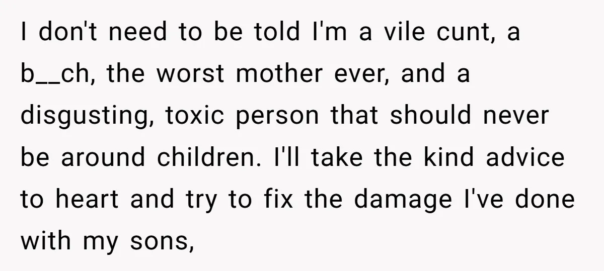 I don't need to be told I'm a vile cunt, a b__ch, the worst mother ever, and a disgusting, toxic person that should never be around children. I'll take the...