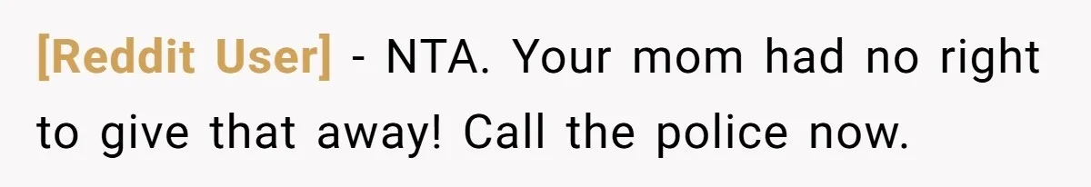 [Reddit User] − NTA. Your mom had no right to give that away! Call the police now.