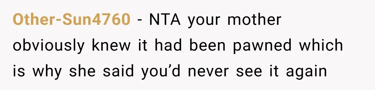 Other-Sun4760 − NTA your mother obviously knew it had been pawned which is why she said you’d never see it again