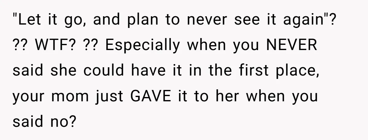 "Let it go, and plan to never see it again"? ?? WTF? ?? Especially when you NEVER said she could have it in the first place, your mom just GAVE...