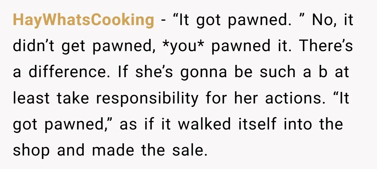 HayWhatsCooking − “It got pawned. ” No, it didn’t get pawned, *you* pawned it. There’s a difference. If she’s gonna be such a b at least take responsibility for her...