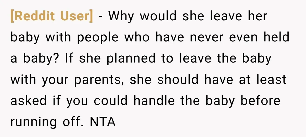 [Reddit User] − Why would she leave her baby with people who have never even held a baby? If she planned to leave the baby with your parents, she should...