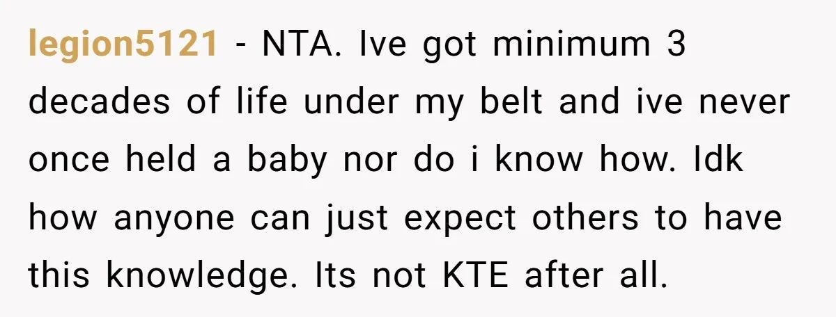 legion5121 − NTA. Ive got minimum 3 decades of life under my belt and ive never once held a baby nor do i know how. Idk how anyone can just...