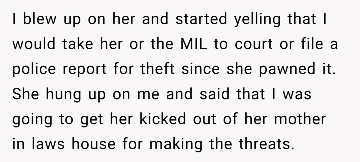 I blew up on her and started yelling that I would take her or the MIL to court or file a police report for theft since she pawned it. She...