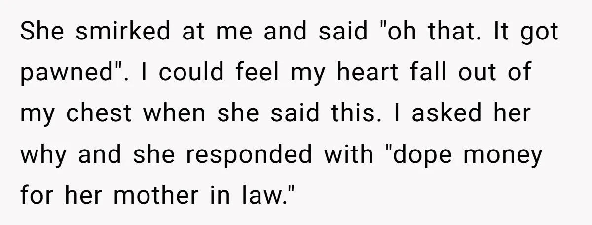 She smirked at me and said "oh that. It got pawned". I could feel my heart fall out of my chest when she said this. I asked her why and...