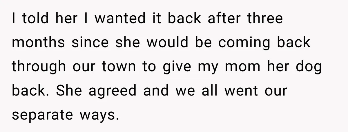 I told her I wanted it back after three months since she would be coming back through our town to give my mom her dog back. She agreed and we...