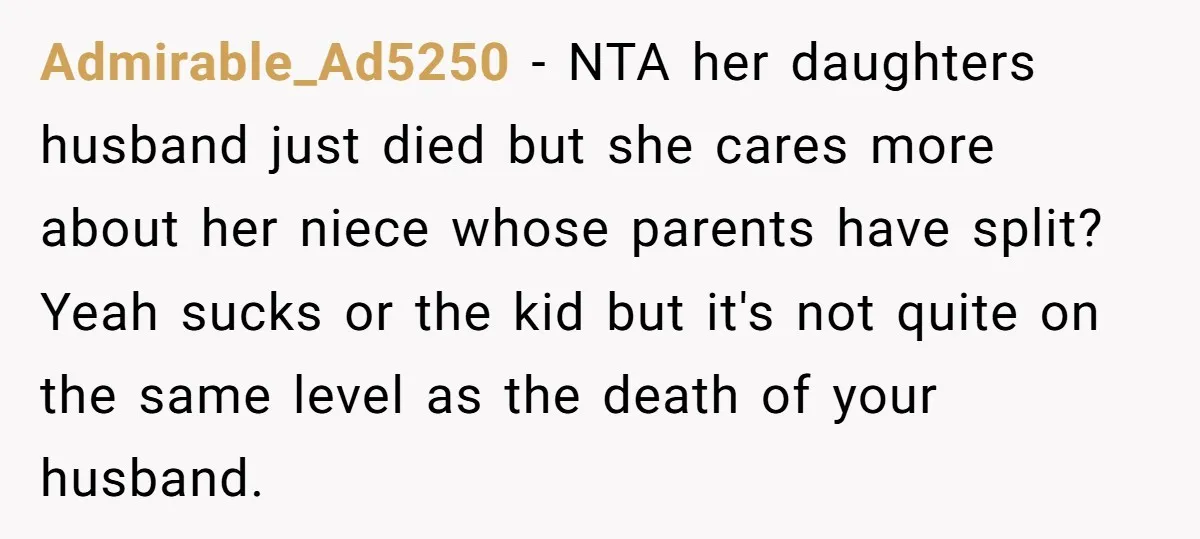 Admirable_Ad5250 − NTA her daughters husband just died but she cares more about her niece whose parents have split? Yeah sucks or the kid but it's not quite on the...