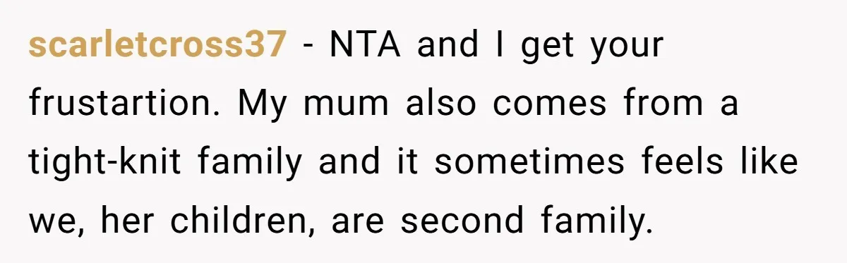 scarletcross37 − NTA and I get your frustartion. My mum also comes from a tight-knit family and it sometimes feels like we, her children, are second family.