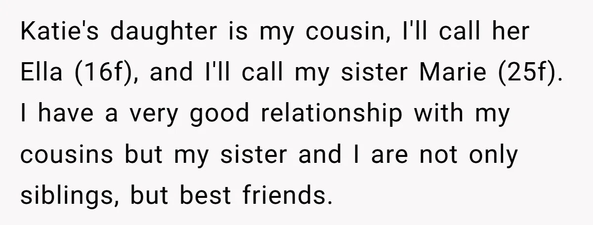 Katie's daughter is my cousin, I'll call her Ella (16f), and I'll call my sister Marie (25f). I have a very good relationship with my cousins but my sister and...