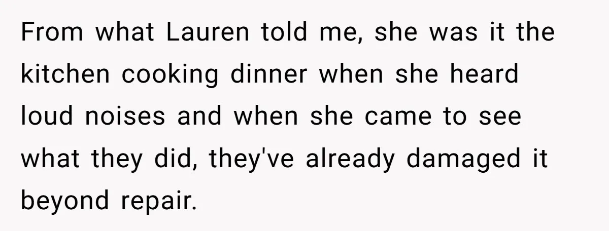 From what Lauren told me, she was it the kitchen cooking dinner when she heard loud noises and when she came to see what they did, they've already damaged it...
