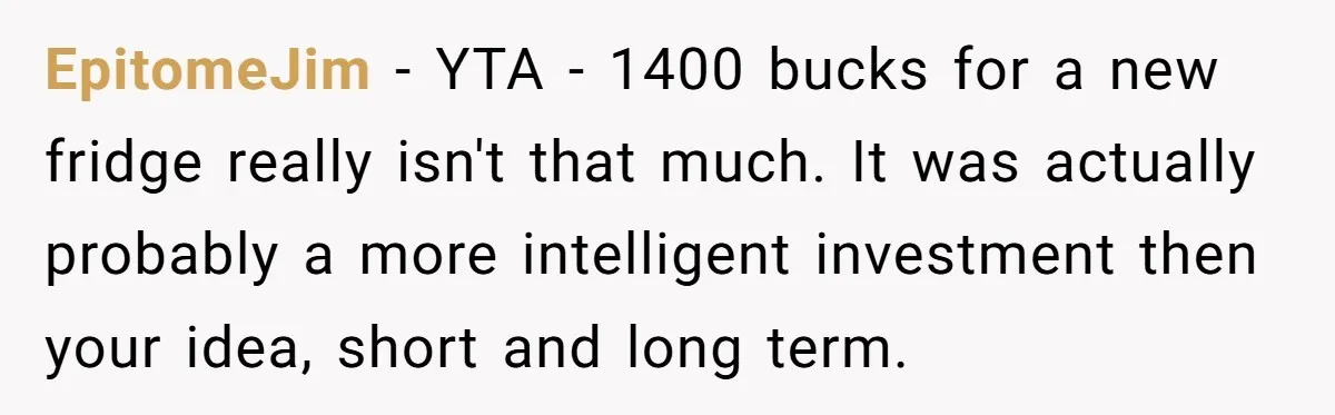 EpitomeJim − YTA - 1400 bucks for a new fridge really isn't that much. It was actually probably a more intelligent investment then your idea, short and long term.