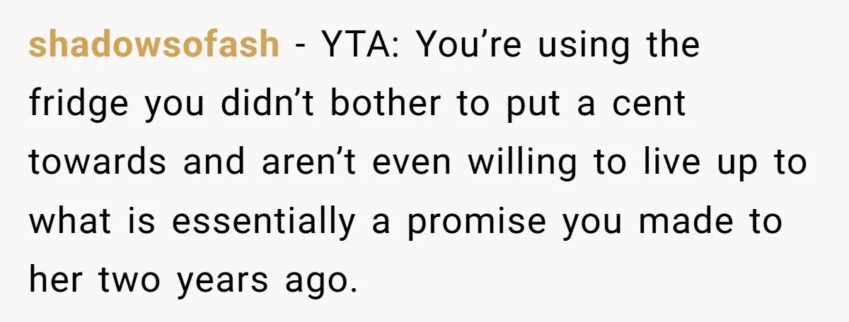 shadowsofash − YTA: You’re using the fridge you didn’t bother to put a cent towards and aren’t even willing to live up to what is essentially a promise you made...