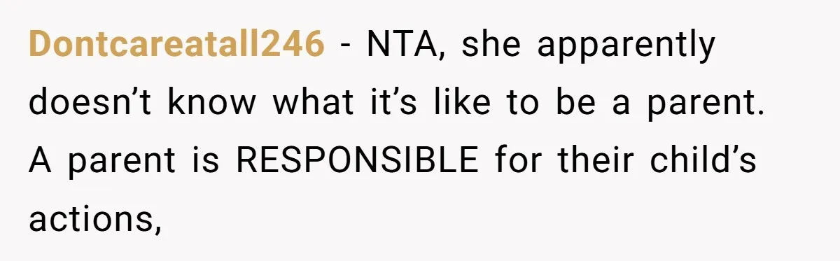 Dontcareatall246 − NTA, she apparently doesn’t know what it’s like to be a parent. A parent is RESPONSIBLE for their child’s actions,