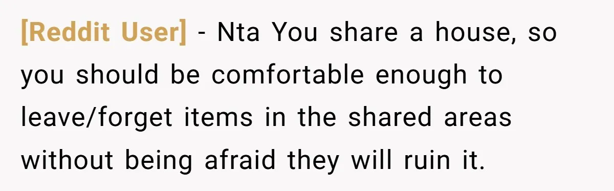 [Reddit User] − Nta You share a house, so you should be comfortable enough to leave/forget items in the shared areas without being afraid they will ruin it.