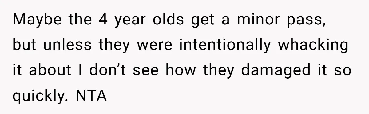 Maybe the 4 year olds get a minor pass, but unless they were intentionally whacking it about I don’t see how they damaged it so quickly. NTA