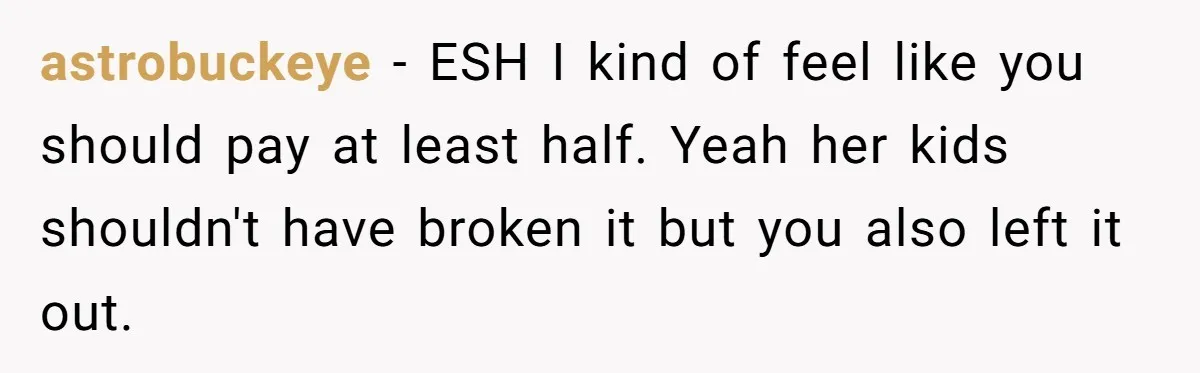 astrobuckeye − ESH I kind of feel like you should pay at least half. Yeah her kids shouldn't have broken it but you also left it out.