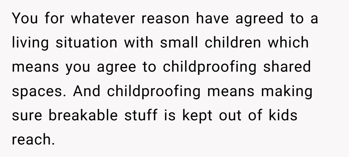 You for whatever reason have agreed to a living situation with small children which means you agree to childproofing shared spaces. And childproofing means making sure breakable stuff is kept...