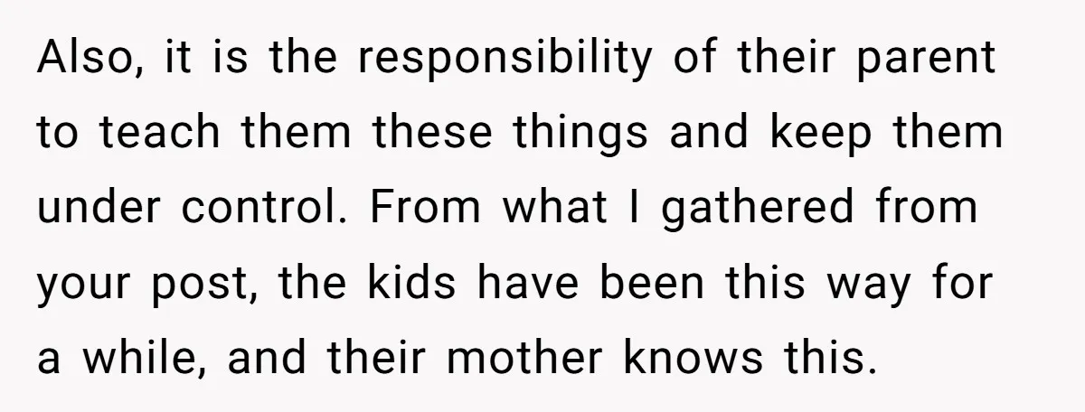 Also, it is the responsibility of their parent to teach them these things and keep them under control. From what I gathered from your post, the kids have been this...