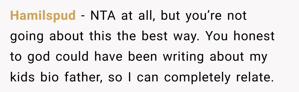 Hamilspud − NTA at all, but you’re not going about this the best way. You honest to god could have been writing about my kids bio father, so I can...