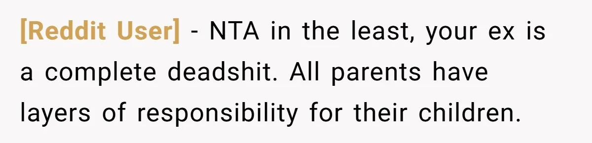[Reddit User] − NTA in the least, your ex is a complete deadshit. All parents have layers of responsibility for their children.