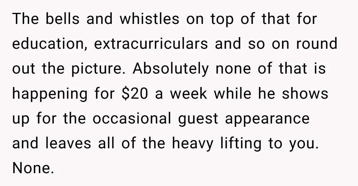 The bells and whistles on top of that for education, extracurriculars and so on round out the picture. Absolutely none of that is happening for $20 a week while he...