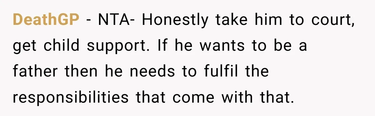 DeathGP − NTA- Honestly take him to court, get child support. If he wants to be a father then he needs to fulfil the responsibilities that come with that.