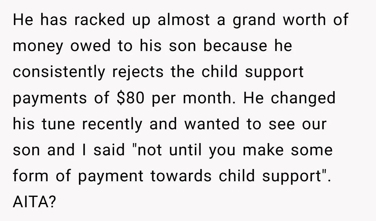 He has racked up almost a grand worth of money owed to his son because he consistently rejects the child support payments of $80 per month. He changed his tune...