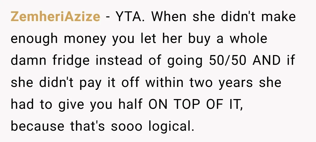 ZemheriAzize − YTA. When she didn't make enough money you let her buy a whole damn fridge instead of going 50/50 AND if she didn't pay it off within two...